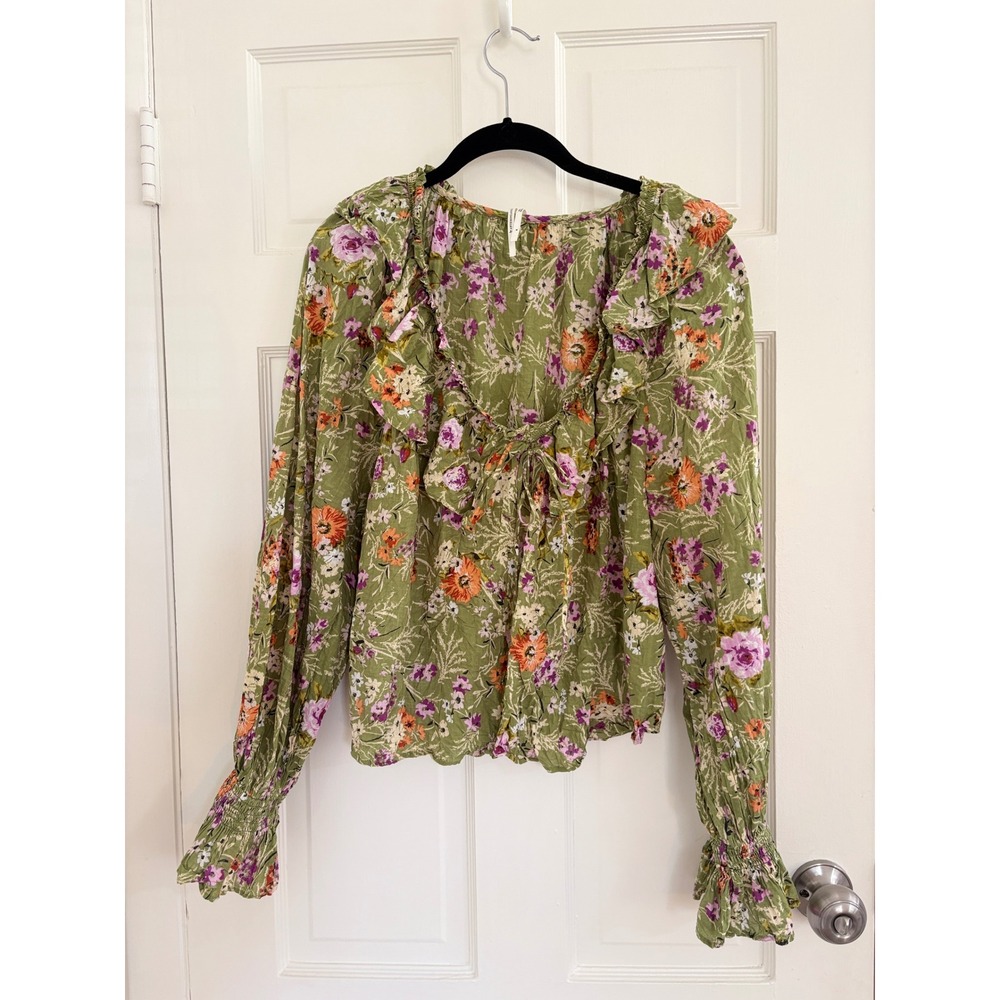 ANTHROPOLOGIE | Green Floral Cotton Ruffle Peasant Top Size M Cottagecore